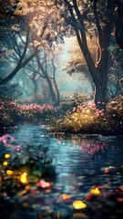 Wall Mural - A magical fantasy forest with fireflies and glowing flowers