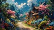 © Narongsak - Whimsical village with charming cottages surrounded by vibrant flowers, colorful trees, and a bright pathway under a clear sky.