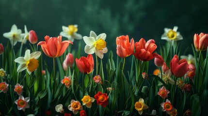 Wall Mural - A field of flowers with a mix of red, yellow, and white flowers