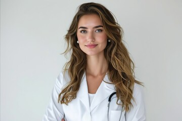 Wall Mural - A beautiful woman in white coat with stethoscope.
