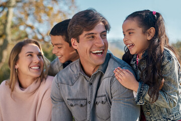 Poster - Summer, family and children together on vacation, people and happy for outdoor nature. Kids, man or woman outside bonding with siblings for embrace, support and caring parents for love at the park