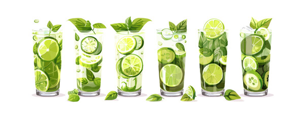 cold drink basil cucumber lime vector flat isolated illustration