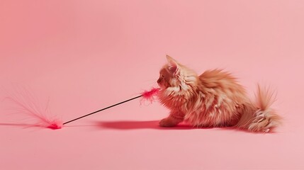 A feathered pole cat toy on pink background