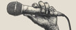 © Svitlana - Man's hand holding a microphone, hand drawn sketch, engraving style. vector simple illustration