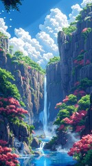 Wall Mural - 8-bit pixel art. Waterfall between two cliffs, beautiful greenery and blue water.