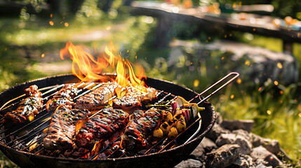 Wall Mural - Summer barbecue cooking over a hot fire