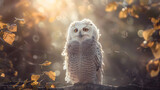 Fototapeta  - A snowy owl is perched on a branch