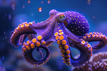 Wall Mural - A purple octopus with yellow tentacles swimming in ocean deep