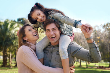 family, parents and girl in park for piggyback, playing and bonding together with smile. happy peopl