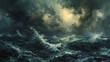 © wasan - A stormy sea oil painting on canvas, with dark, turbulent waves and a brooding sky