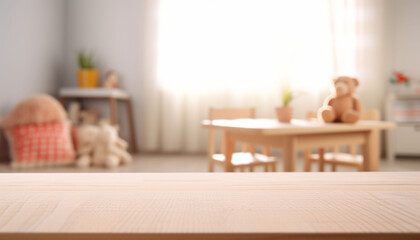 Empty wooden table in baby room interior