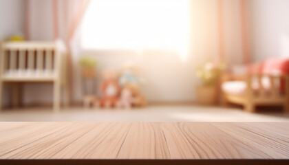 Empty wooden table in baby room interior