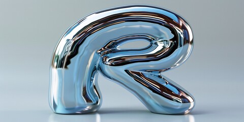 A 3-dimensional metallic letter in the form of the letter R with a liquid chrome finish.