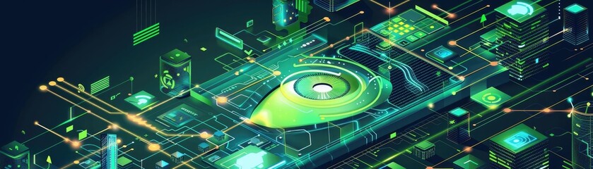 an ai circuit board designed like an eye, with intricate pathways and neon lights