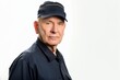 © PicturePerfect - Studio Photography portrait of a logistic male 60 years old American delivery or courier worker in uniform Plain white background