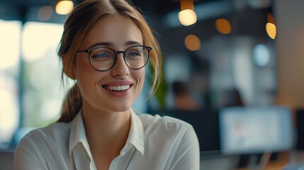 Wall Mural - A smiling woman in glasses is looking at the camera.