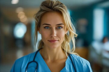 Sticker - A woman in scrubs looking at the camera.