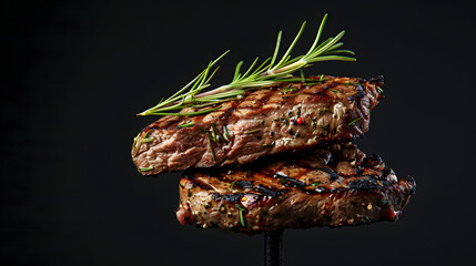 Wall Mural - Grilled ribeye beef steak with rosemary on a black background.