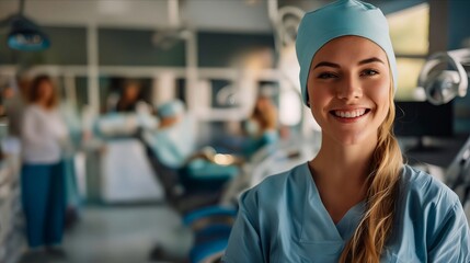 Wall Mural - A smiling woman in scrubs standing in an operating room.