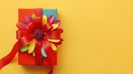 Wall Mural - Gift box with red ribbon and multicolored flower shape with rainbow petals on yellow background