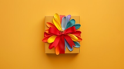 Wall Mural - Gift box with red ribbon and multicolored flower shape with rainbow petals on yellow background