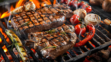 Wall Mural - Delicious grilled meat with vegetables sizzling over the coals on barbecue