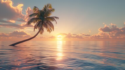 Wall Mural - A lone palm tree leaning out over the water, its fronds swaying gently in the sea breeze as the sun sets behind it.