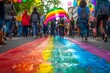 © MNFTs - Crowded street with rainbow flag and balloons during Gay Pride celebration