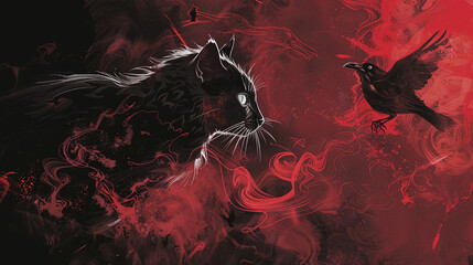 Fototapeta halloween background bloody red with a black cat and black crow