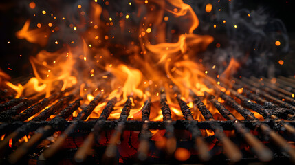 Wall Mural - Barbecue Grill With Fire Flames - Empty Fire Grid On Black Background