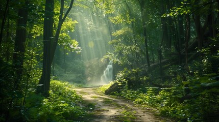  A serene forest scene with dappled sunlight filtering through the trees, illuminating a winding path leading to a hidden waterfall.
