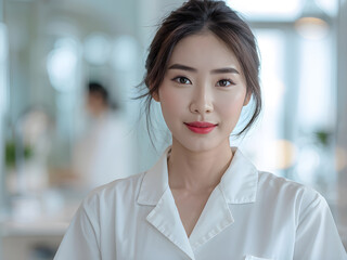 asian woman in a white shirt is posing for a picture