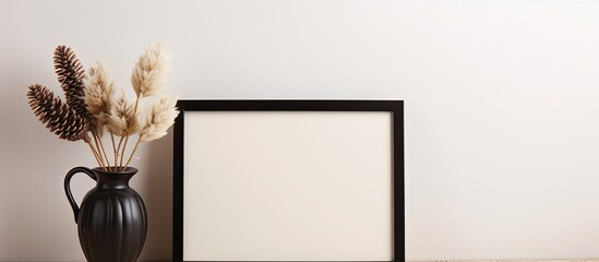 Aufkleber - Beige background with an empty black picture frame featuring a pinecone and vase providing copy space image