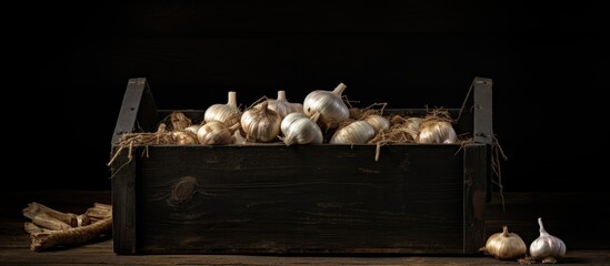 Wall Mural - A rustic wooden box holds a stack of organic farm garlic on a black wooden table with a copy space image in the background