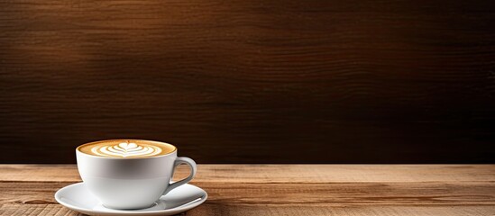 Leinwandbilder - A cup of espresso with a white design rests on a wooden table that has a background of wood The image has plenty of empty space for copy