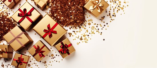 Aufkleber - Aerial view of Christmas gift boxes on a white background with space for additional content in the image