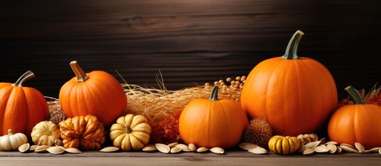 Poster - An assortment of pumpkins and pine nuts in an autumnal copy space image