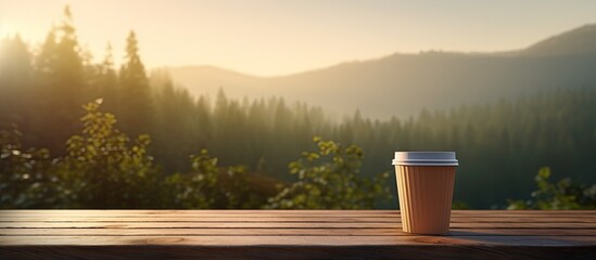 Sticker - A disposable coffee cup rests on a wooden table against a serene morning backdrop providing ample room for text and logo placement