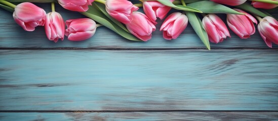 Fototapete - A copy space image of pink tulips blooming in spring set against a weathered backdrop of blue painted wood