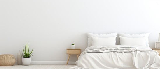 Poster - A white bedroom with a copy space image featuring a laptop peacefully resting on the bed symbolizing the concept of remote work