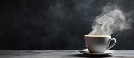 Sticker - A copy space image of a steaming cup of hot coffee against a gray background