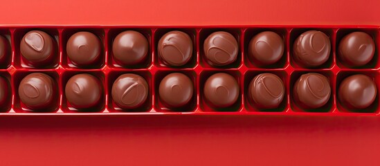 Aufkleber - Top view of a partially empty box of chocolate candies on a red background providing ample space for text