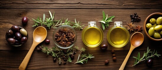 Wall Mural - A top view of cooking utensils and olive oil on a wooden table providing ample space for additional content or images