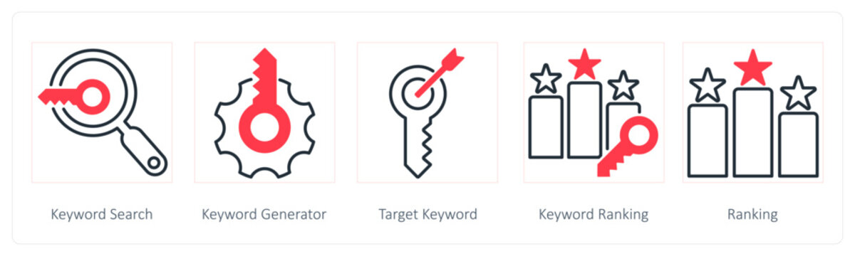 A set of 5 Seo icons as keyword search, keyword generator, keyword ranking