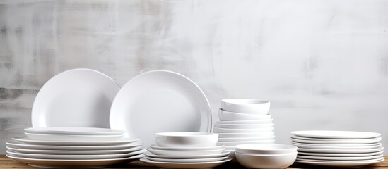 Wall Mural - Copy space image of white dishes set against a white wooden background