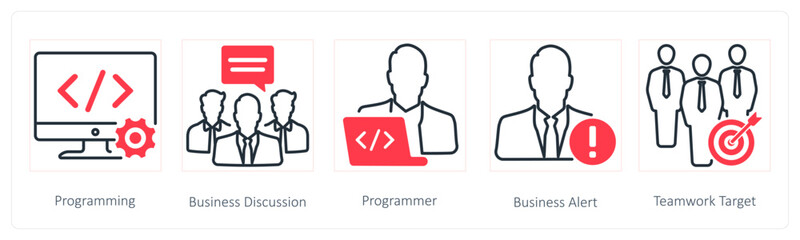 A set of 5 Seo icons as programming, business dicussion, programmer