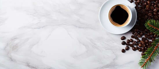 Canvas Print - A copy space image of a black coffee placed on a marble table is accompanied by milk and pine cones