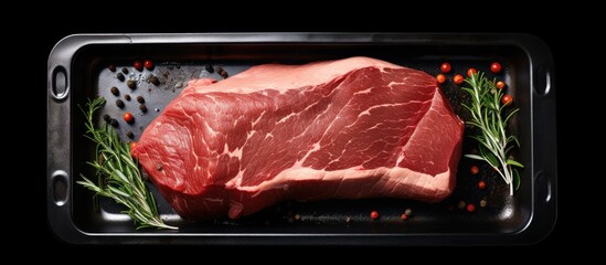 Canvas Print - Top view of a butcher tray with a raw Silverside sirloin beef steak placed on a black background There is ample copy space in the image