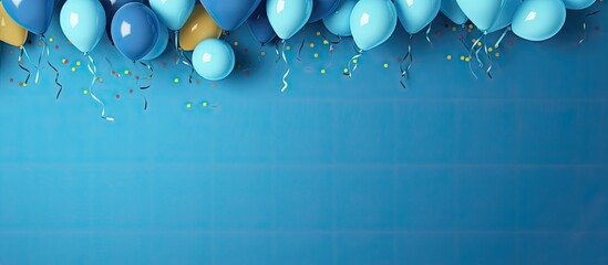 Canvas Print - Top view of blue background with copy space featuring festive balloons for a carnival festival or birthday holiday