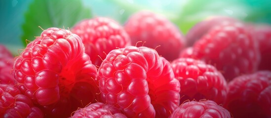 Wall Mural - Close up of fresh juicy raspberries against a bright background providing ample copy space for an image